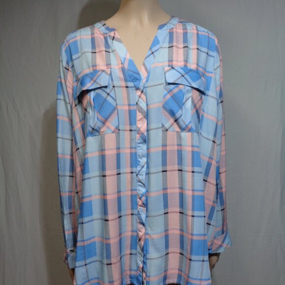 ANA pastel blue and pink plaid button up top - Picture 1 of 6
